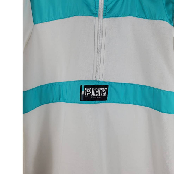 Victoria Secret Pink Turquoise White Pullover Hooded Athletic Sweatshirt L - Picture 2 of 6